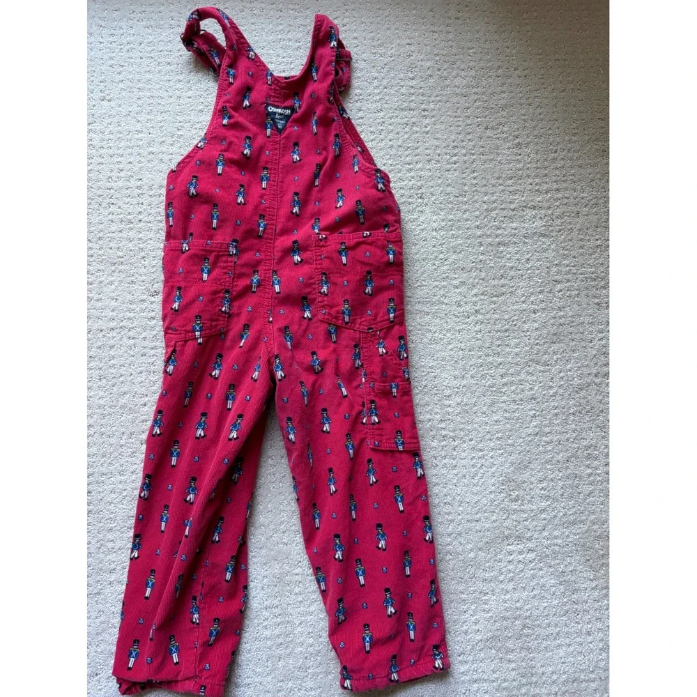 OshKosh Corduroy Overalls 5T Red Nutcracker Print Retro Heritage Schoolcore